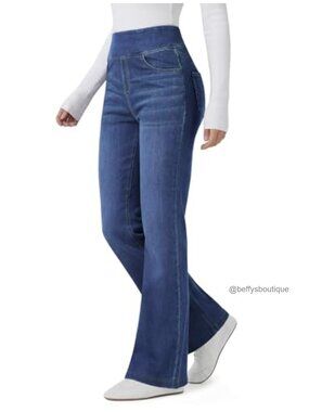 Pull On Flare Jeans High Waisted Stretchy Denim Pants Casual